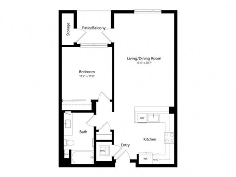 Floor plan for 1 bed, 1 bath, 804 sqft